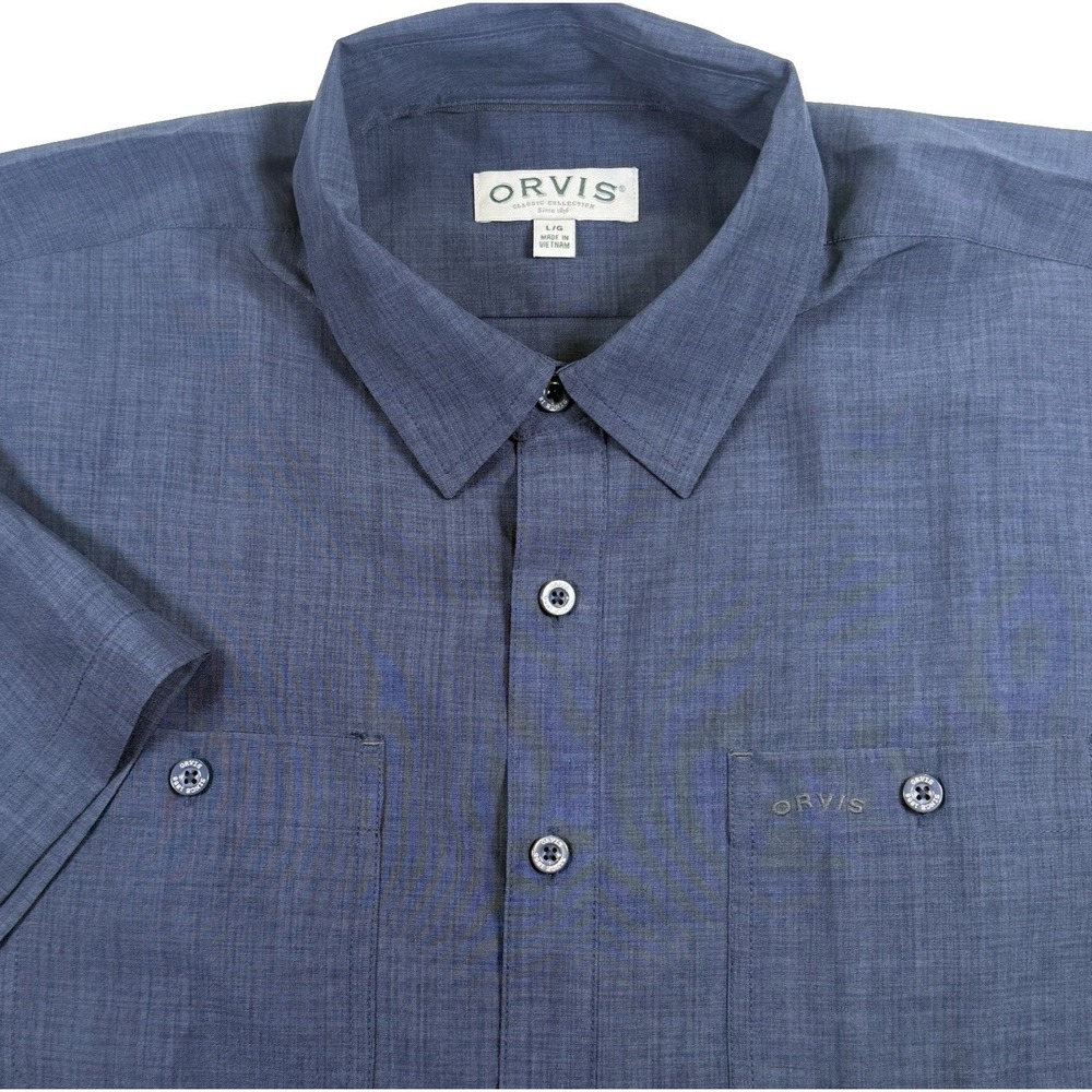 Orvis Button Performance Down Shirt Mens Large Blue Short Sleeve Outdoor Fishing